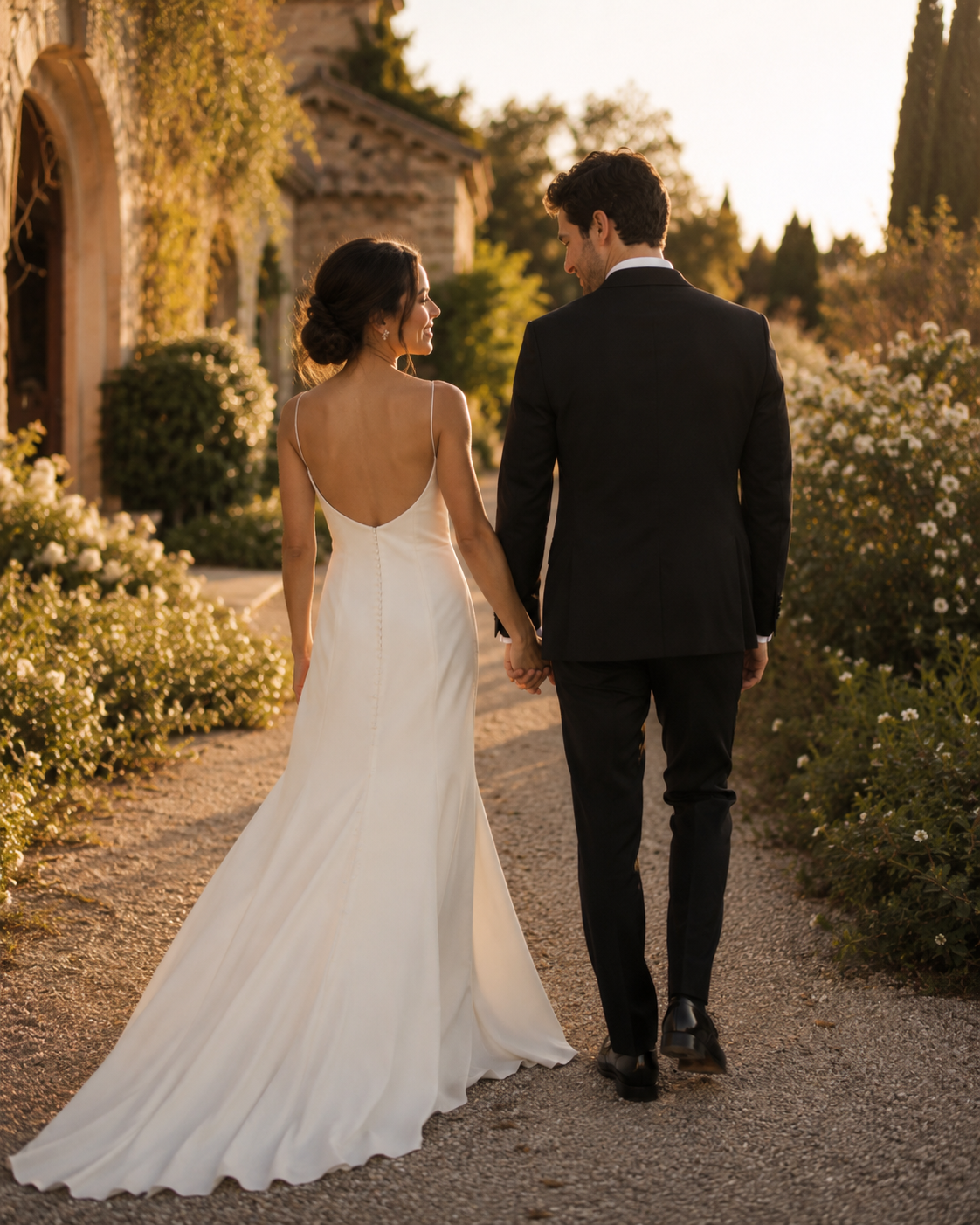 Newlyweds walking through a sunlit wedding garden